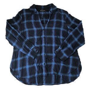 INC International Concepts Blue Plaid Button Down L/S Shirt High Low Hem XL
